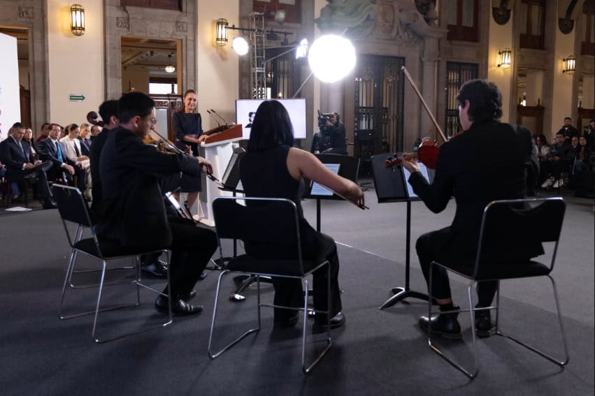 A small chamber orchestra performs at the Oct. 2 mañanera press conference