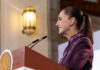 President Sheinbaum at her Oct. 8 press conference podium
