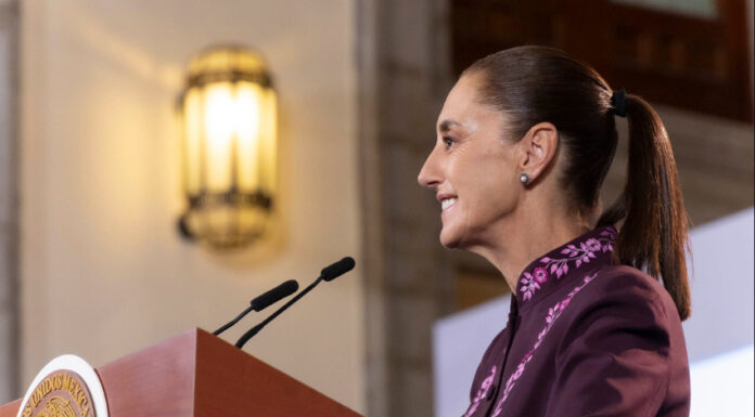 President Sheinbaum at her Oct. 8 press conference podium