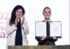 Sheinbaum signing a decree alongside her legal counsel Luisa Alcalde