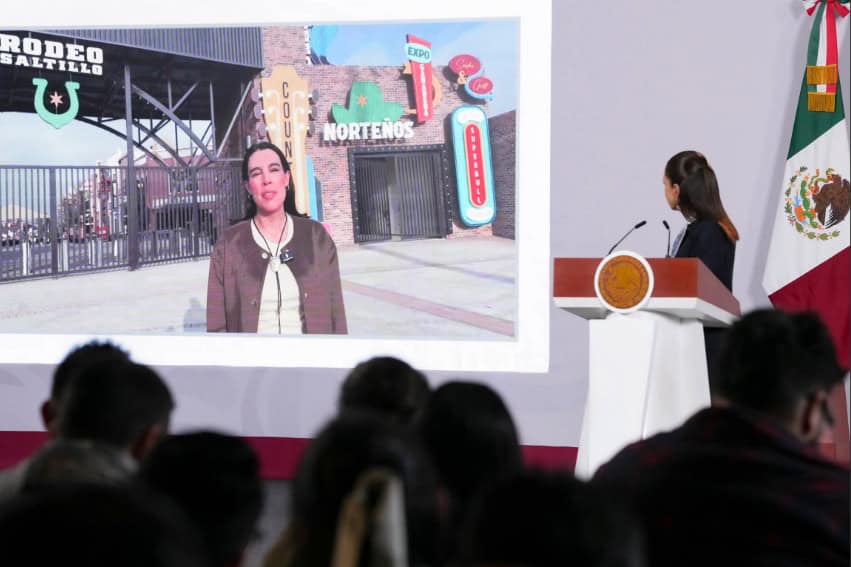 Tourism Minister Josefina Rodríguez talks to Sheinbaum on a video call at the Oct. 15 mañanera