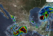 Satellite image showing Hurricane Isaias in the Gulf of Mexico and Tropical Storm Simon off the Pacific coast of Guerrero in Mexico, 10am central time on Oct. 8
