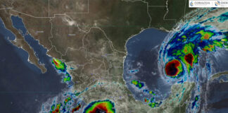 Satellite image showing Hurricane Isaias in the Gulf of Mexico and Tropical Storm Simon off the Pacific coast of Guerrero in Mexico, 10am central time on Oct. 8