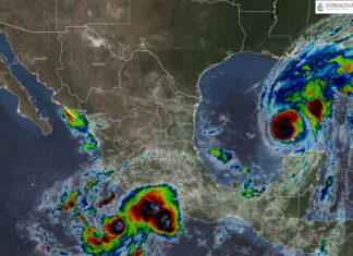 Satellite image showing Hurricane Isaias in the Gulf of Mexico and Tropical Storm Simon off the Pacific coast of Guerrero in Mexico, 10am central time on Oct. 8