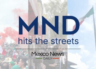 People wave Mexican flags behind text reading "MND hits the streets" and "Mexico News Daily"