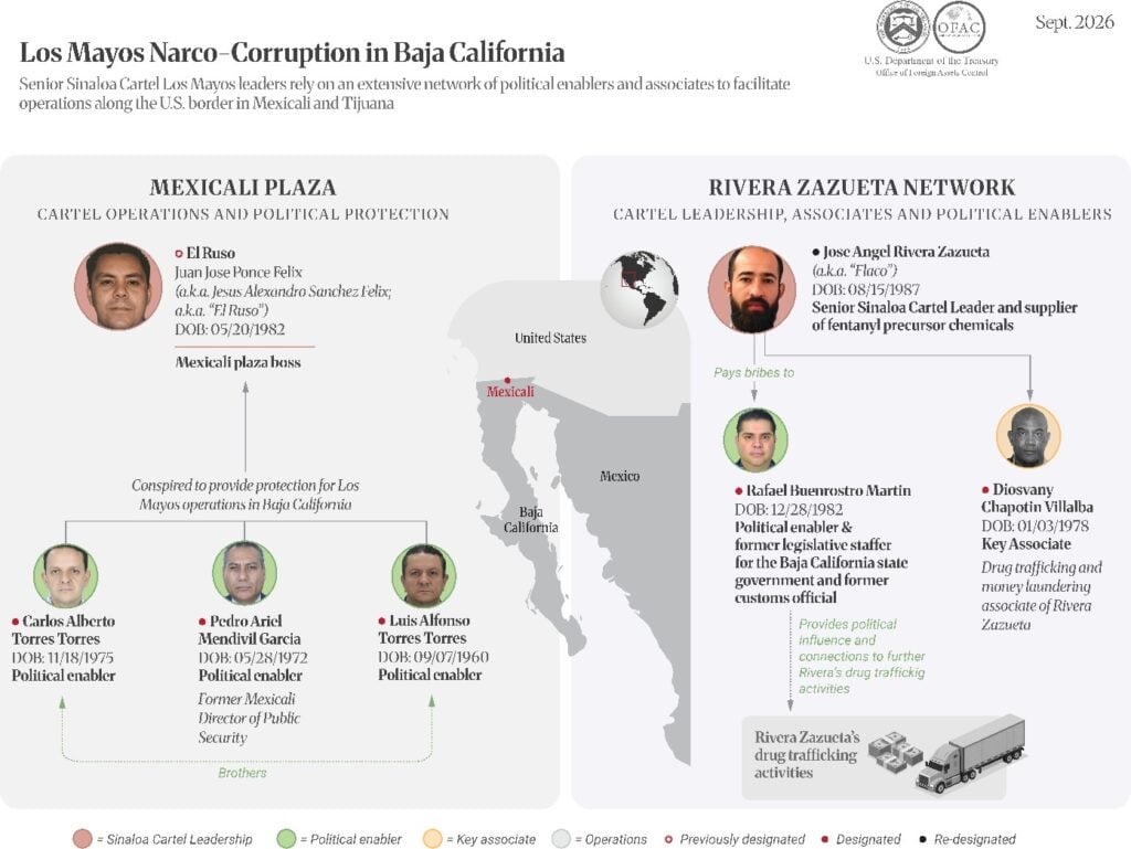 The ex-husband of Baja California Governor Marina del Pilar, Carlos Alberto Torres Torres, is featured prominently in this updated organizational hierarchy of Los Mayos' maneuverings in the border city of Mexicali.
