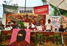 A speaker addresses the 30th anniversary of the Indigenous Congress in Mexico City.