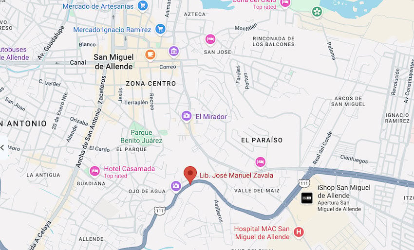 A screenshot of Google Maps, showing a disputed bypass in San Miguel de Allende.