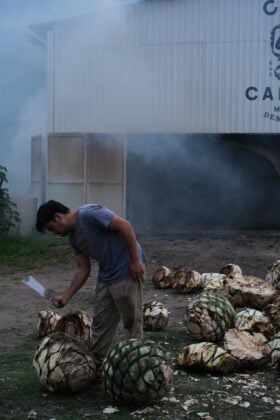 a man uses a machete to cut the agave hearts in front of the factory