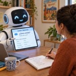 A friendly AI robot teaches a woman Spanish.