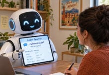 A friendly AI robot teaches a woman Spanish.