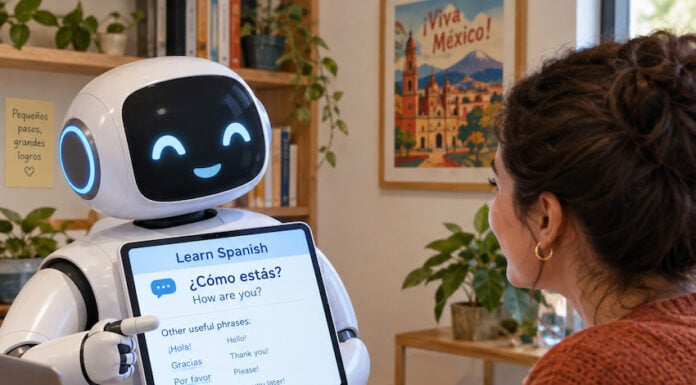 A friendly AI robot teaches a woman Spanish.