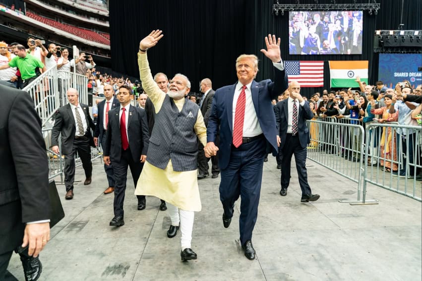 Indian Prime Minister Narendra Modi appeared alongside Trump at the NRG Stadium in Houston, Texas, with Indian and US flags in the background