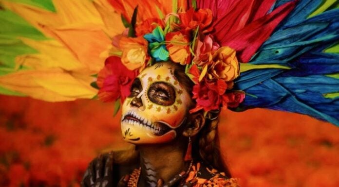 A portrait of a Catrina surrounded by iconic Día de Muertos symbols.