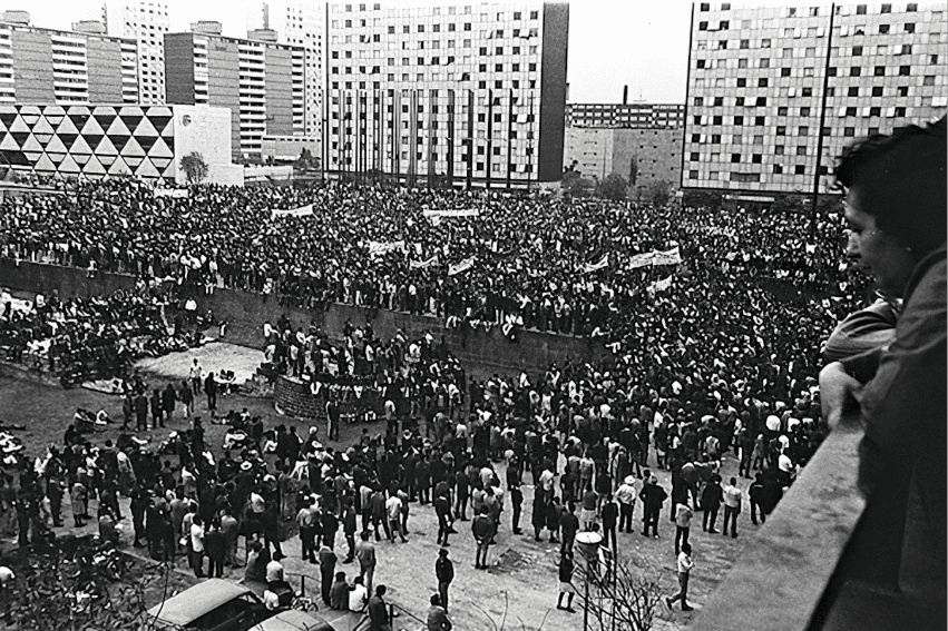 Historic photo of Plaza de las Tres Culturas, October 2, 1968, the site of the Tlatelolco massacre