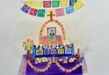 Illustration of a Day of the Dead ofrenda.