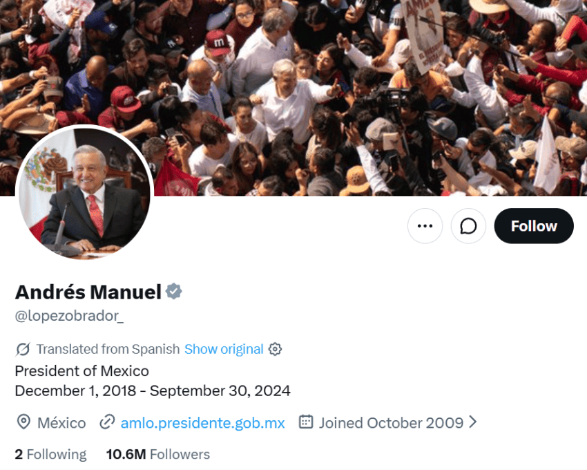 screenshot of Lopez Obrador's X account, shoing 10.6 million followers