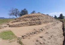 Stone ledges form a hill at the site of an ancient astronomical observatory in Puebla
