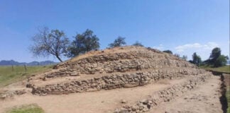 Stone ledges form a hill at the site of an ancient astronomical observatory in Puebla