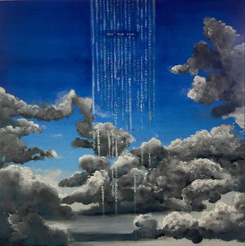 Painting by Tamanna Bembenek shows dark clouds gathering around a cascade of glowing letters and symbols