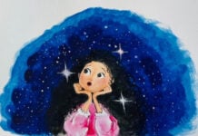 A girl surrounded by stars, painting by Tamanna Bembenek
