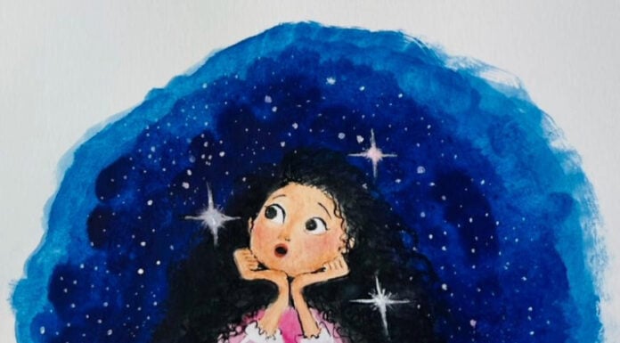 A girl surrounded by stars, painting by Tamanna Bembenek