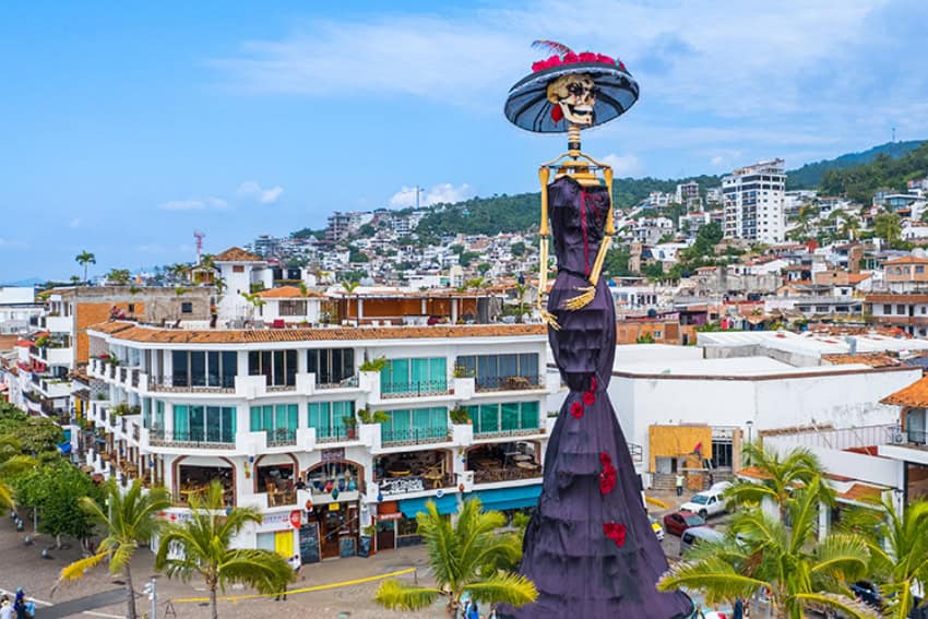 Monumental Catrina towering over Puerto Vallarta for Dia de Muertos