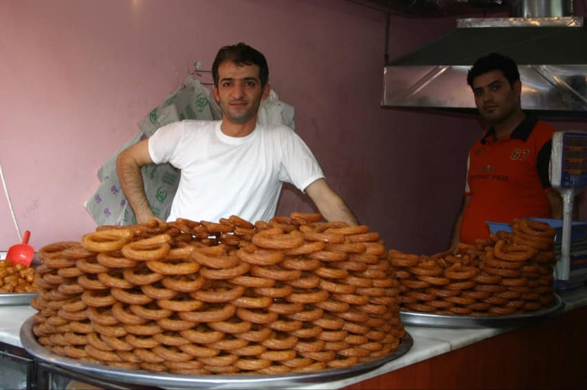 Turkish simit, or bread rings, sold by a vendor
