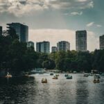 Mexico City highrise apartments with pedal boats on one of the man-made lakes in Chapultepec Park.