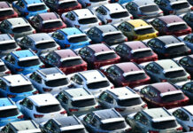 Rows of new parked cars ready for export