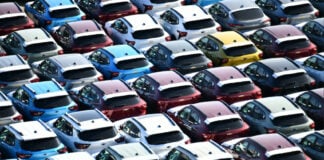 Rows of new parked cars ready for export