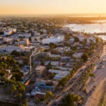 Aerial view of the malecon and downtown of La Paza, Baja California Sur, at sunset