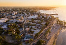 Aerial view of the malecon and downtown of La Paza, Baja California Sur, at sunset
