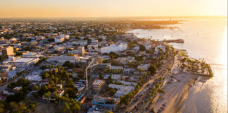 Aerial view of the malecon and downtown of La Paza, Baja California Sur, at sunset