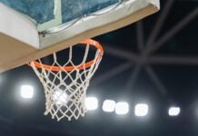 Basketball hoop hanging in a sports stadium waiting for the ball